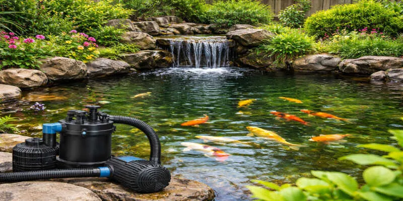 Water cascading down a rock waterfall system.