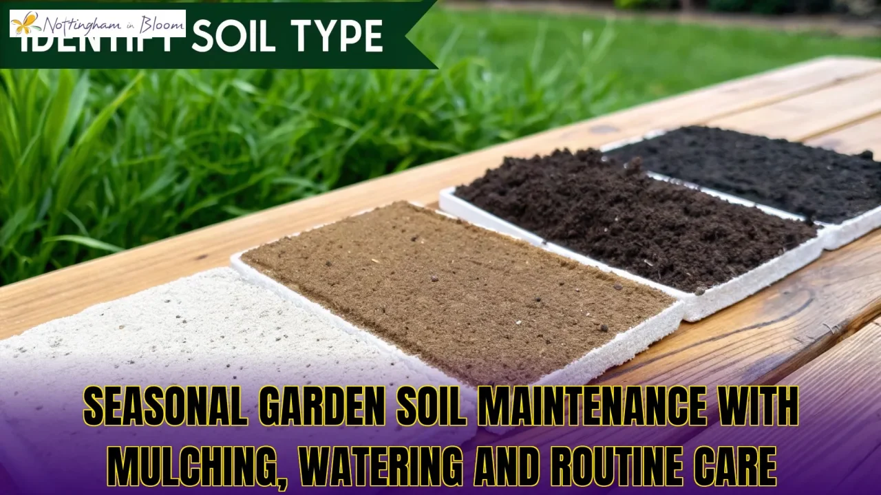 Seasonal garden soil maintenance with mulching, watering and routine care