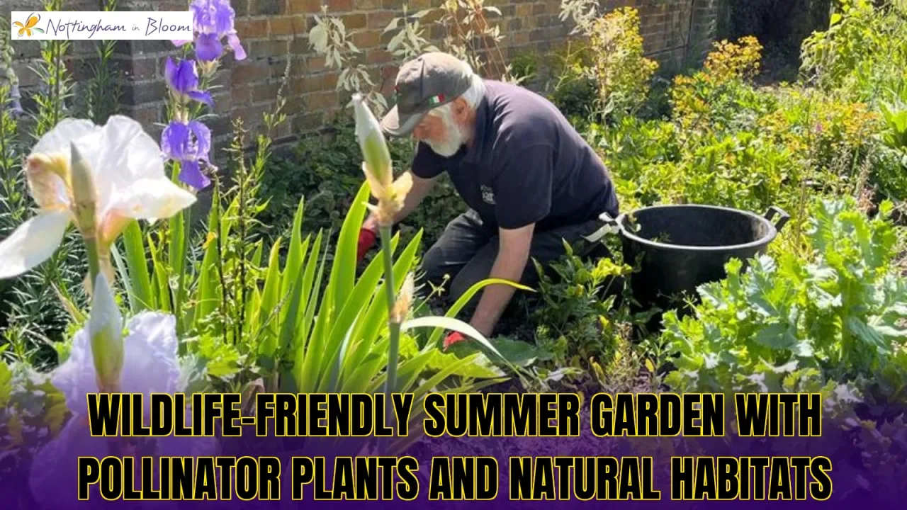 Wildlife-friendly summer garden with pollinator plants and natural habitats
