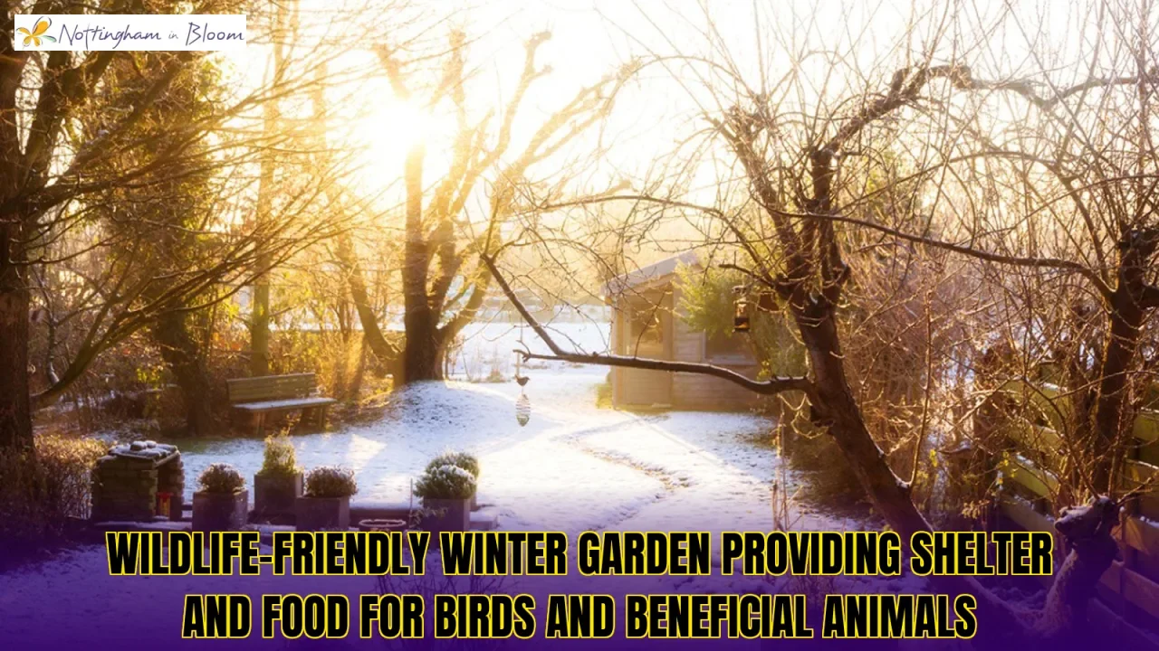 Wildlife-friendly winter garden providing shelter and food for birds and beneficial animals